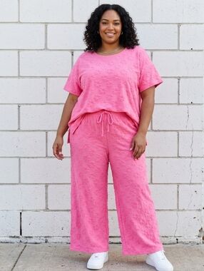 BLAKELEY 2pc Pink Flower Power 3D Daisies Top & Wide Leg Pants Set - 2X/3X